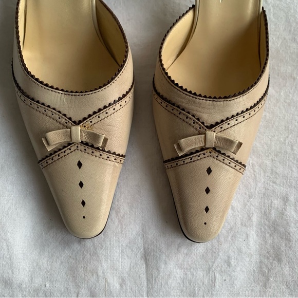 Vintage Prada Bow Leather Ribbon Pointy Toe Mules Heels Tan Cream - Picture 3 of 7